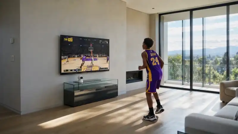 Player dribbling and shooting in a basketball game — Plaik maps his real body movement to the standard gamepad inputs any PC or console-style game accepts