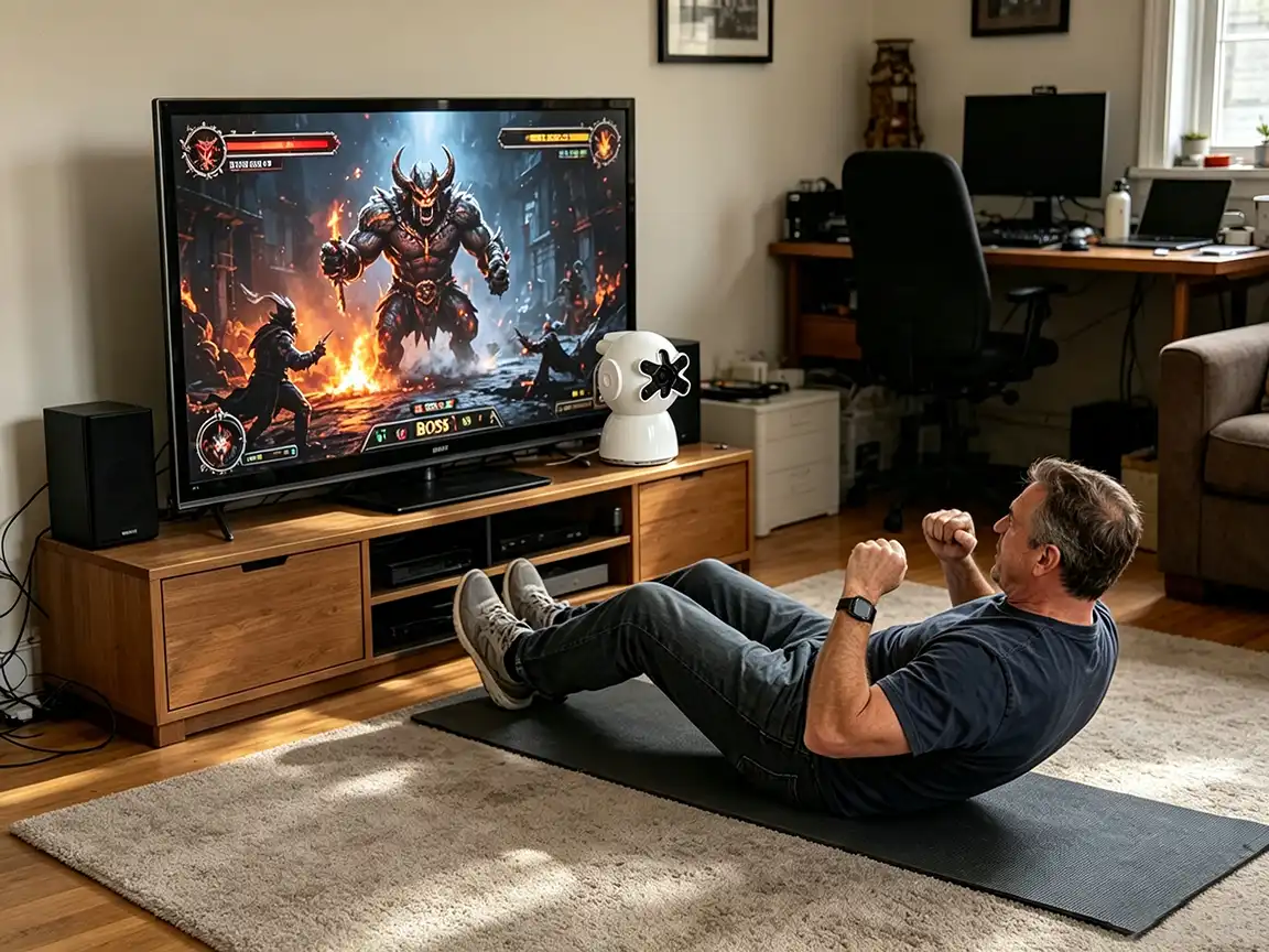 Man doing crunches on a mat while playing an action game on TV — real exercises mapped to game inputs