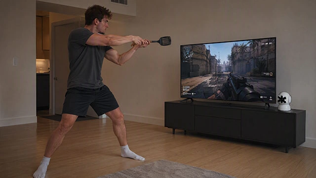 Player aiming a FPS shooter on the TV — his arm movement mapped to mouse aim and trigger inputs by the Plaik camera