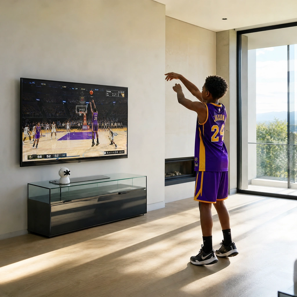 Kid shooting a basketball in a basketball video game controlled entirely with his body movement