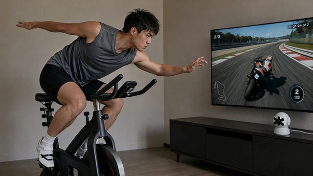 Rider leaning on a bike in front of a motorcycle racing game — his body lean mapped to the steering joystick axis