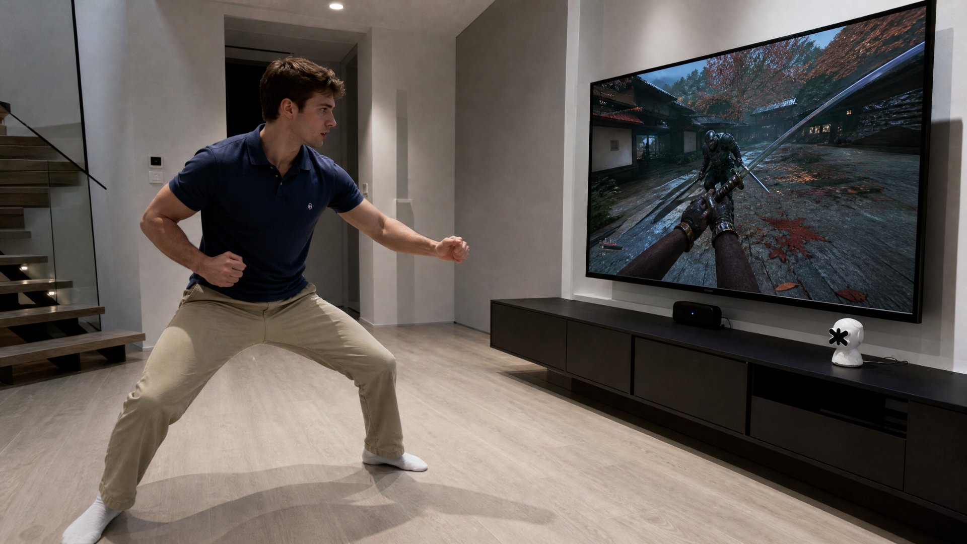 Player in a fighting stance throwing punches mapped to a first-person action game on the TV by the Plaik camera